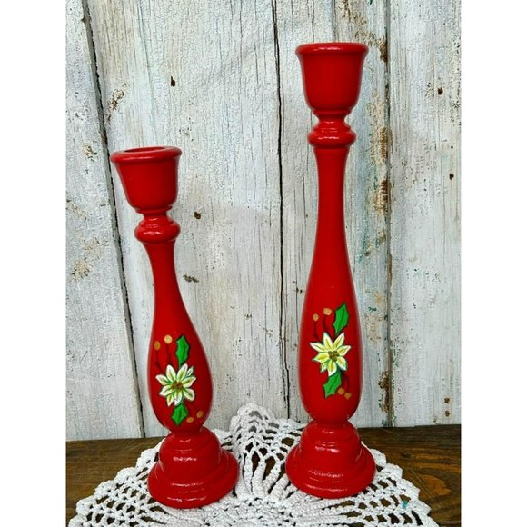 Vintage Candle Holders Christmas Poinsettias Handmade Wooden Candle Holder - Picture 3 of 4
